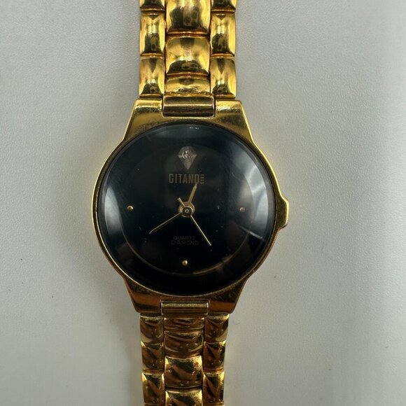 3/$30 Vintage Gitano Watch Women Gold Tone Black Dial Diamond Accent  7" - Picture 2 of 14